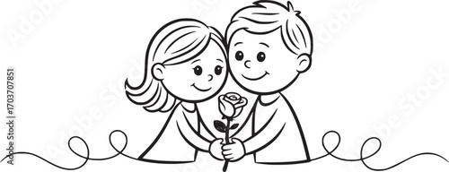 First bloom, gentle hands: A delicate line art illustration capturing the tender exchange of a singular rose between a young couple, symbolizing budding romance and affection. 