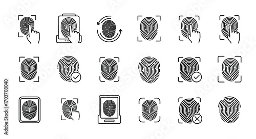 Collection of diverse fingerprint icons demonstrating biometric security authentication and identity verification vector