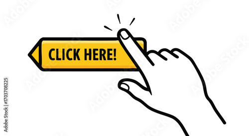 A hand touching a yellow button with the words "CLICK HERE!" to indicate user interaction.