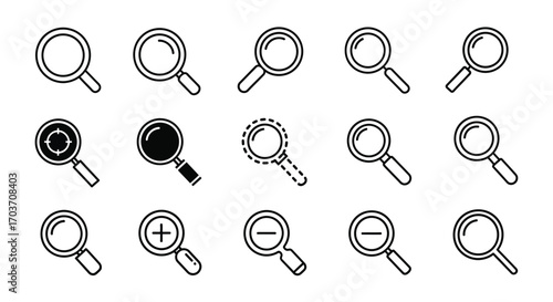 Collection of magnifying glass icons with different styles for search and zoom functions vector