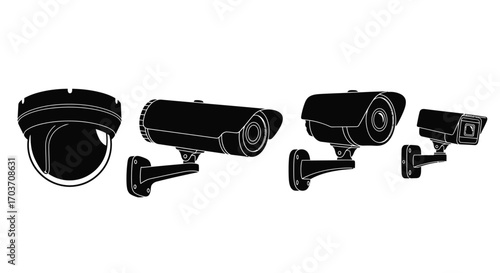 Security camera set featuring dome and bullet types for surveillance and monitoring vector