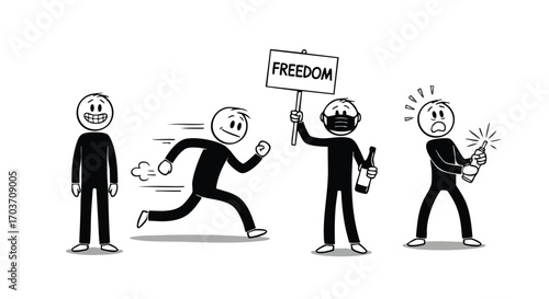 Cartoon figures depicting various actions, including running, protesting with a sign, and holding a bottle and a lit firecracker.