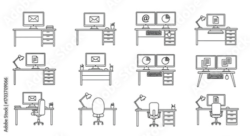 Collection of hand-drawn office desk setups with computers and office supplies vector