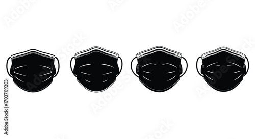 Four black medical face masks arranged in a row for protection and health safety vector