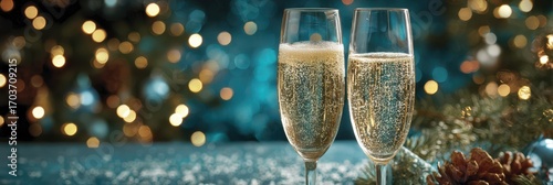 Celebration with champagne flutes under festive lights during holiday season