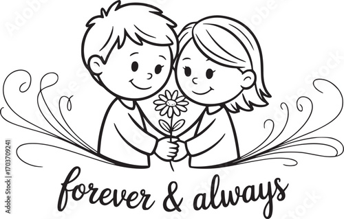 Eternal Devotion: A tender illustration captures two figures sharing a symbolic daisy, under the promise of forever & always, representing enduring love and unwavering commitment.
