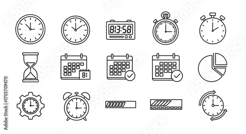 Hand-drawn time management icons set clocks calendars stopwatches hourglasses and progress bars vector