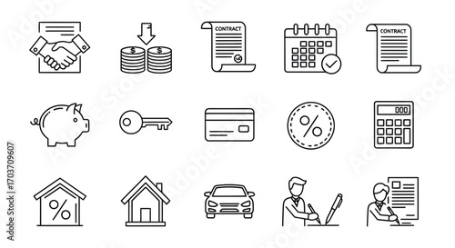 Handshake money finance business icons set for loan mortgage investment and savings concepts vector