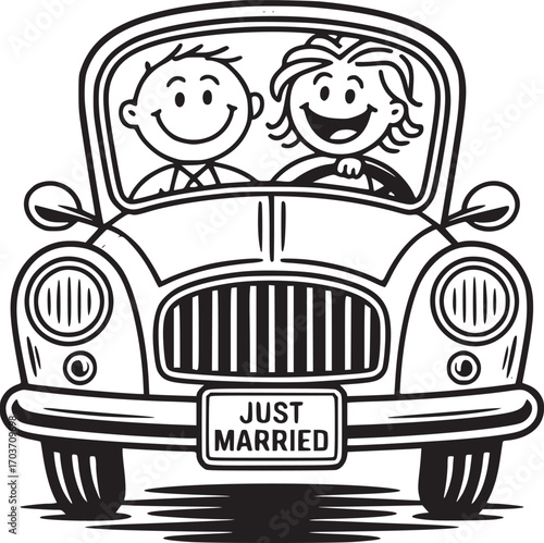 Newlyweds' Journey Begins: A happy cartoon couple embarks on their new adventure in a vintage car with Just Married plate, symbolizing the beginning of a journey filled with love.