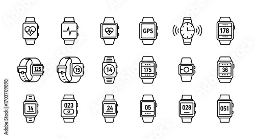 Collection of hand drawn smartwatch icons showing various features and designs vector