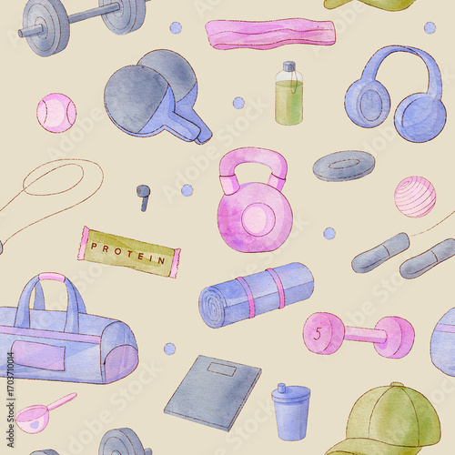 Seamless sport pattern with gym accessories, dumbbells, resistance bands and water bottles on nude beige background for fitness and wellness design