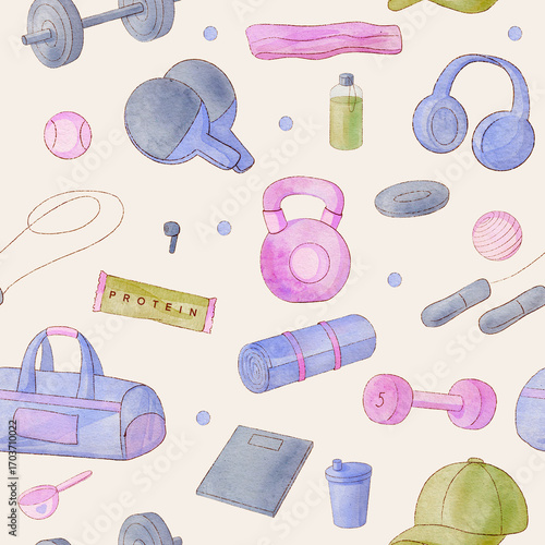 Seamless pattern of fitness elements like dumbbells, resistance bands and water bottles on cream background for healthy lifestyle and sport design
