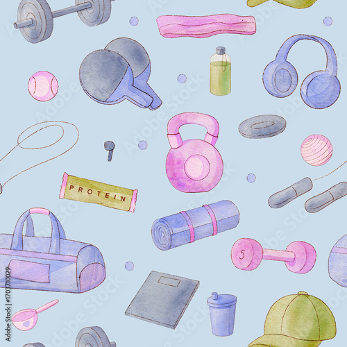 Seamless fitness pattern with gym equipment, dumbbells, water bottles and resistance bands on light blue background for sport and wellness design