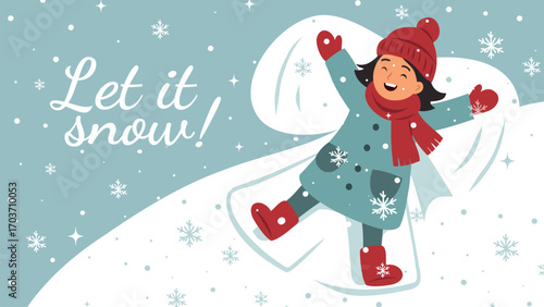 Happy child girl in winter coat making snow angel on snowy day. Warm, cheerful vector illustration for Merry Christmas, Happy New Year greeting cards, winter designs, kids content, social media