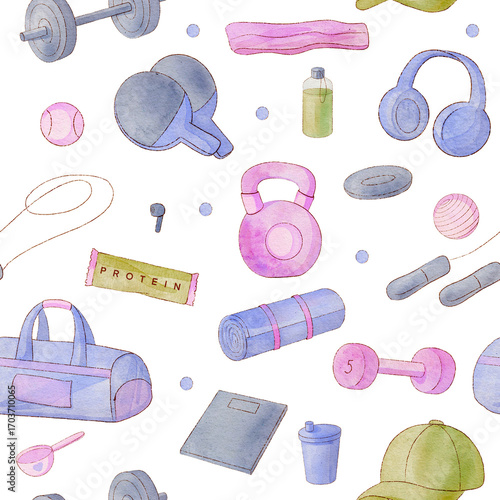 Seamless fitness pattern with dumbbells, resistance bands, water bottles and gym accessories on transparent background PNG design for sport and healthy lifestyle themes