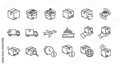 Hand drawn icons representing shipping logistics transportation delivery and global commerce concepts vector
