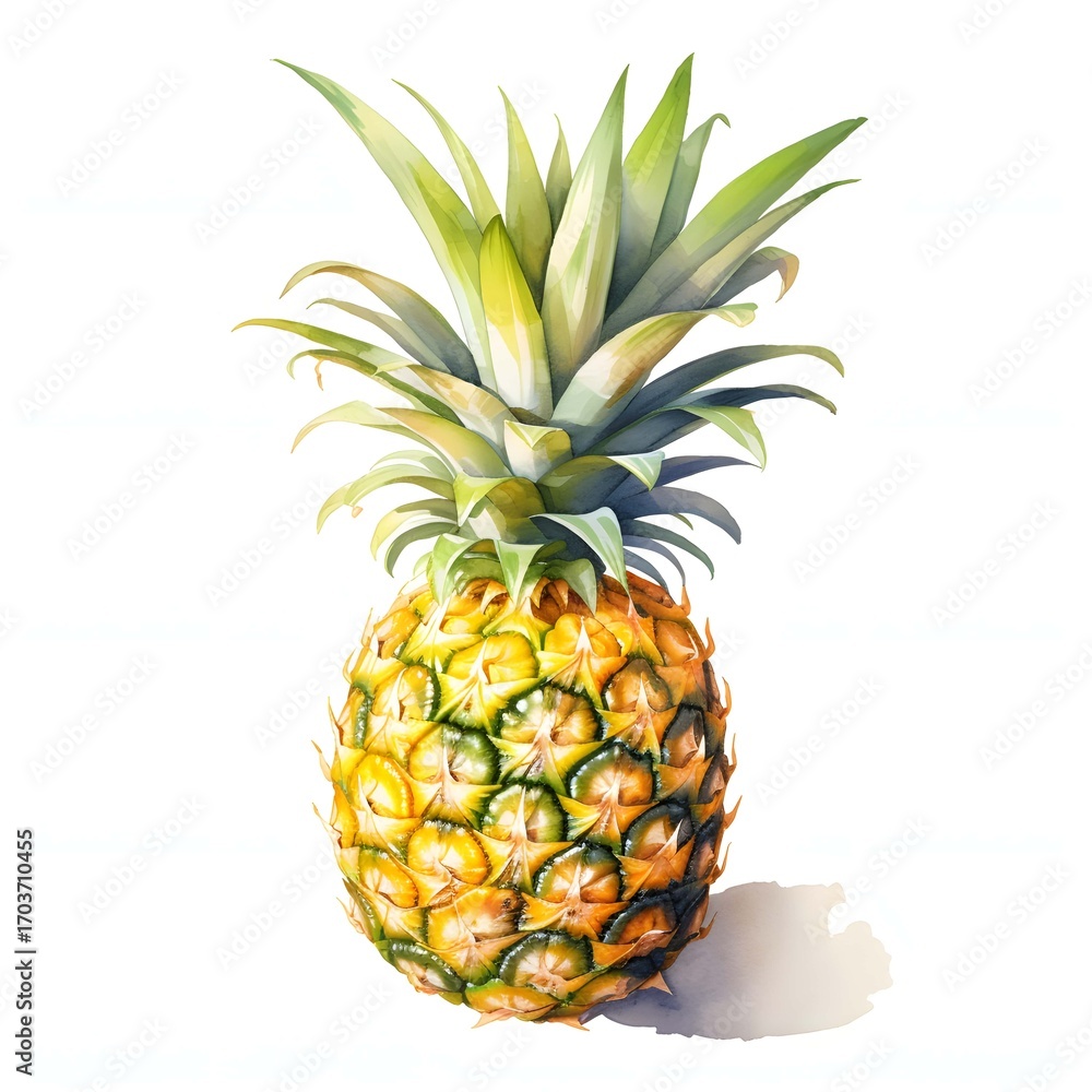 Fototapeta premium This watercolor painting shows a detailed close-up of a whole pineapple, highlighting its textured skin and spiky leaves.