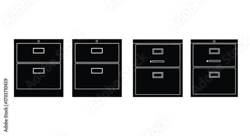 Four black filing cabinets in a row office storage furniture isolated object vector