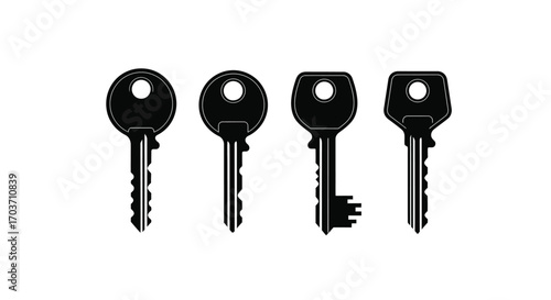 Four realistic black house keys with intricate cuts for security and access vector