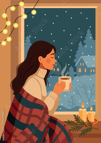 Hello winter. Winter vector illustration girl, woman, wrapped in blanket and enjoying hot drink by the window on snowy evening. Perfect for cozy winter content, winter designs, social media posts