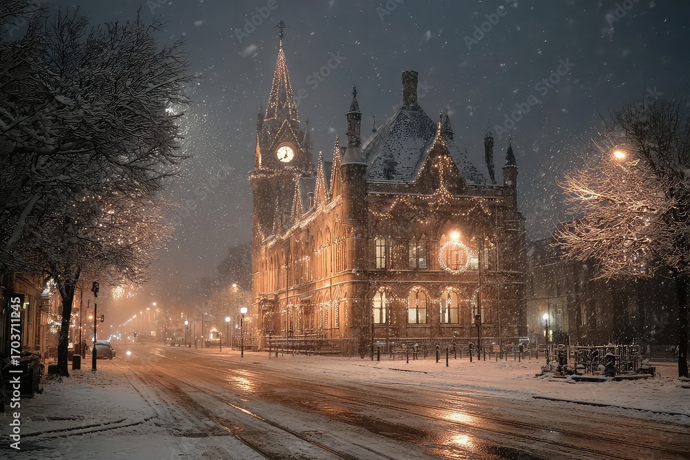 Fototapeta premium Snow falling on decorated town