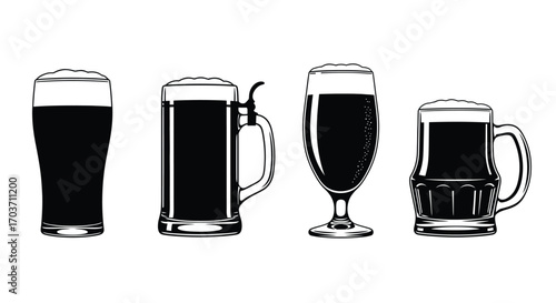 Four different styles of dark beer poured into glasses featuring various shapes and sizes vector