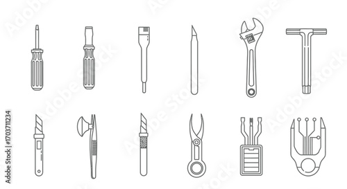 Collection of hand tools and repair equipment isolated on white for creative projects vector