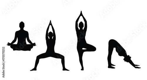 Diverse yoga poses silhouettes dynamic movements for wellness and exercise lifestyle vector