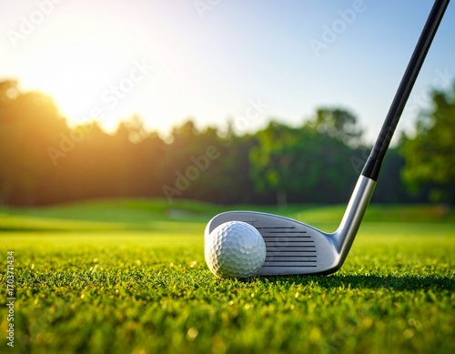 Close-up of a golf club poised to strike a ball on a lush green fairway with the warm morning sun in the background