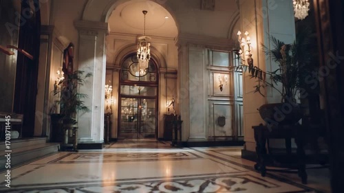 A polished brass hotel reception bell on a stand in a grand, chandelier-lit lobby.