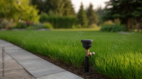 Smart Sprinkler Controller Installed in Garden Setting with Lush Green Grass and Pathway