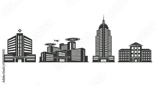 Modern cityscape silhouette of diverse architecture buildings and skyscrapers in a line vector