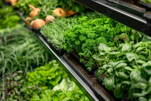 A smart garden system with AI-controlled irrigation and nutrient delivery, showcasing a variety of fresh herbs and vegetables