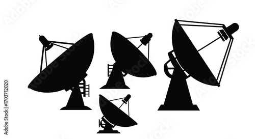 Collection of satellite dishes silhouette abstract communication technology science astronomy vector