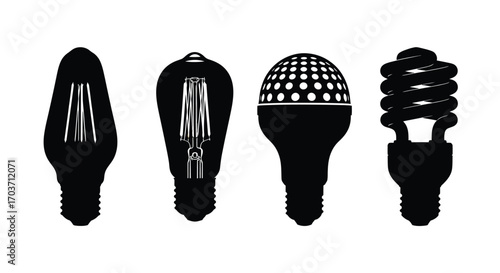 Diverse collection of vintage and modern light bulbs silhouettes showing evolution of lighting technology vector