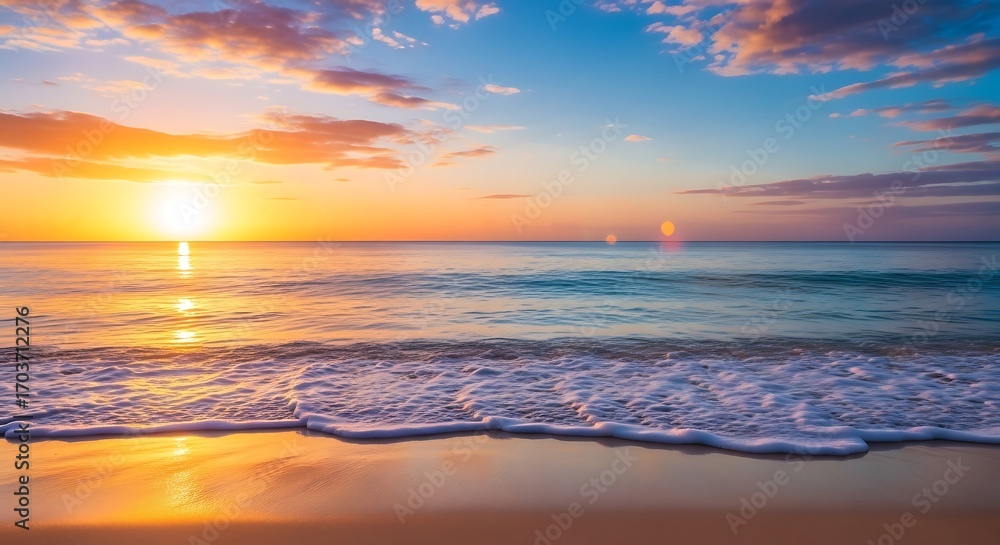 Fototapeta premium Vibrant sunset over a tranquil ocean with gentle waves on a sandy beach