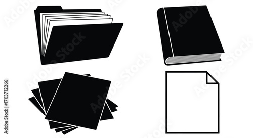 Four simple black and white icons representing folders documents books and paper for business and organization vector