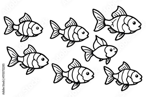 A whimsical collection of seven hand drawn goldfish swimming together in an artistic sketch style