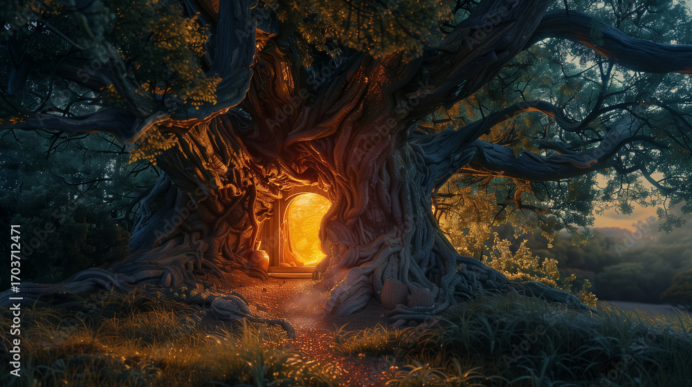Fototapeta premium A glowing portal in the trunk of a majestic ancient tree shines brightly at dusk, tempting explorers to venture into the.