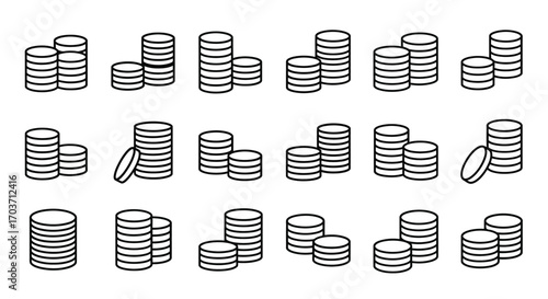 Collection of hand drawn coin stacks symbolizing financial growth and wealth accumulation vector