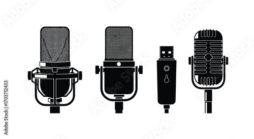 Vintage microphone collection retro recording equipment broadcast studio sound gear vector