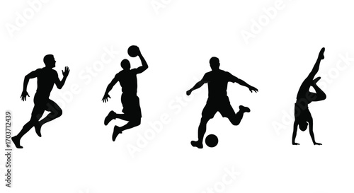 Dynamic silhouettes of athletes in motion performing various sports activities diverse action poses vector