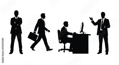 Diverse business professional silhouettes depicting office activities and collaboration vector