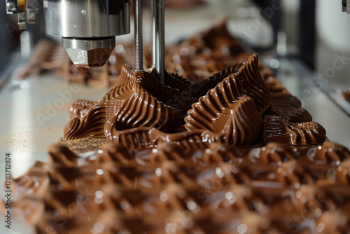 A sophisticated food 3D printer creating intricate chocolate sculptures, highlighting the precision and detail of the technology