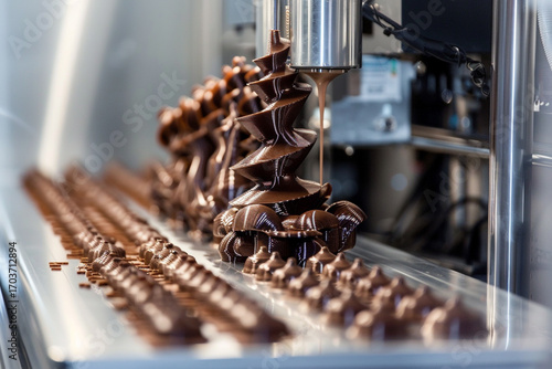 A sophisticated food 3D printer creating intricate chocolate sculptures, highlighting the precision and detail of the technology