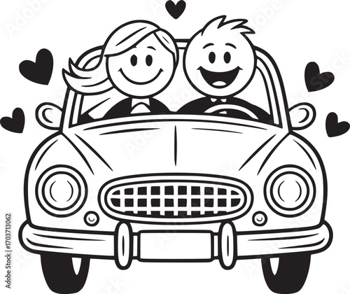 Sweet Ride for Love: A charming depiction of a stick-figure couple joyfully riding in a classic car, surrounded by hearts, symbolizing their affection and shared adventure.
