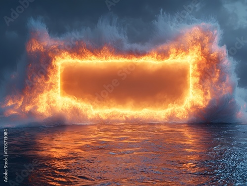 A glowing rectangular portal of intense fire and splashing waves hovers over a dark reflective ocean surface