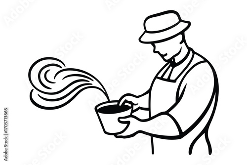 Man in hat and apron carefully pours steaming liquid from a pot