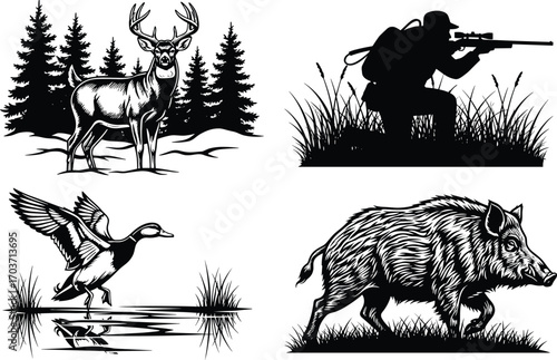 Black and white wildlife hunting scenes with deer, hunter, duck, and wild boar in nature, forest, water, and grassland illustration