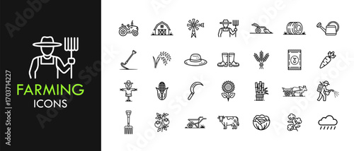 Farming line icon set, outline web icon collection containing Crops, Tools, Livestock and more, vector illustration in line style